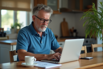 Homme d'âge moyen tapant ses chiffres de budget à la maison