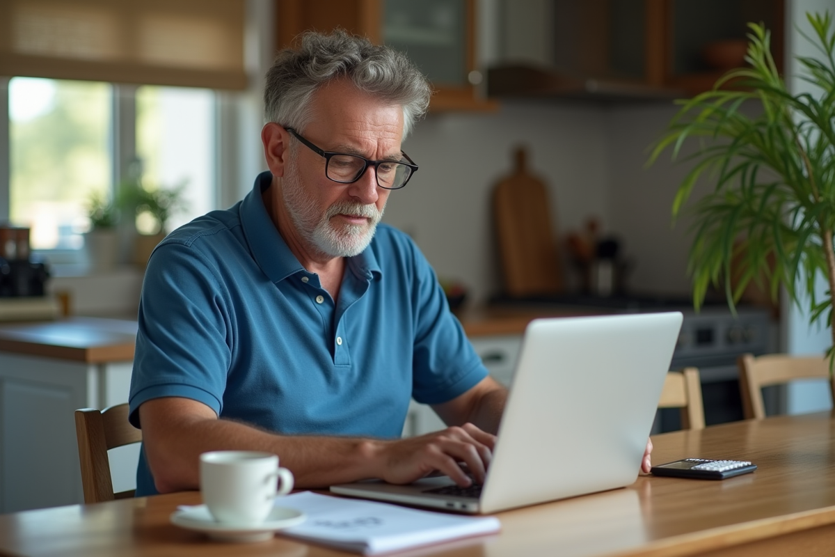 Homme d'âge moyen tapant ses chiffres de budget à la maison