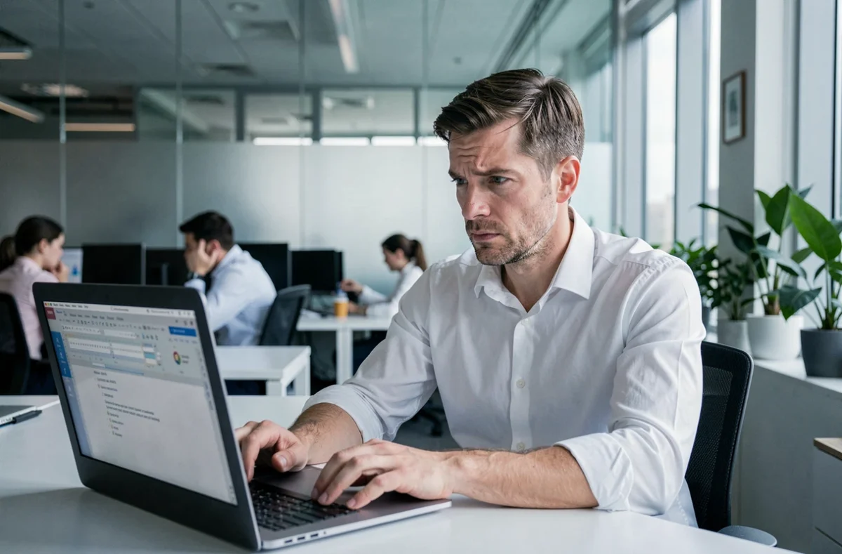 Homme au bureau hésitant devant un traitement de texte, illustrant les erreurs d'orthographe liées à la prononciation orale comme enfait ou enfaite