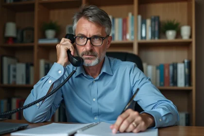 Homme d'&acirc;ge moyen au bureau moderne avec t&eacute;l&eacute;phone et notepad