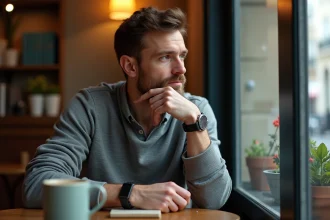 Homme assis dans un café parisien contemplant la fenêtre