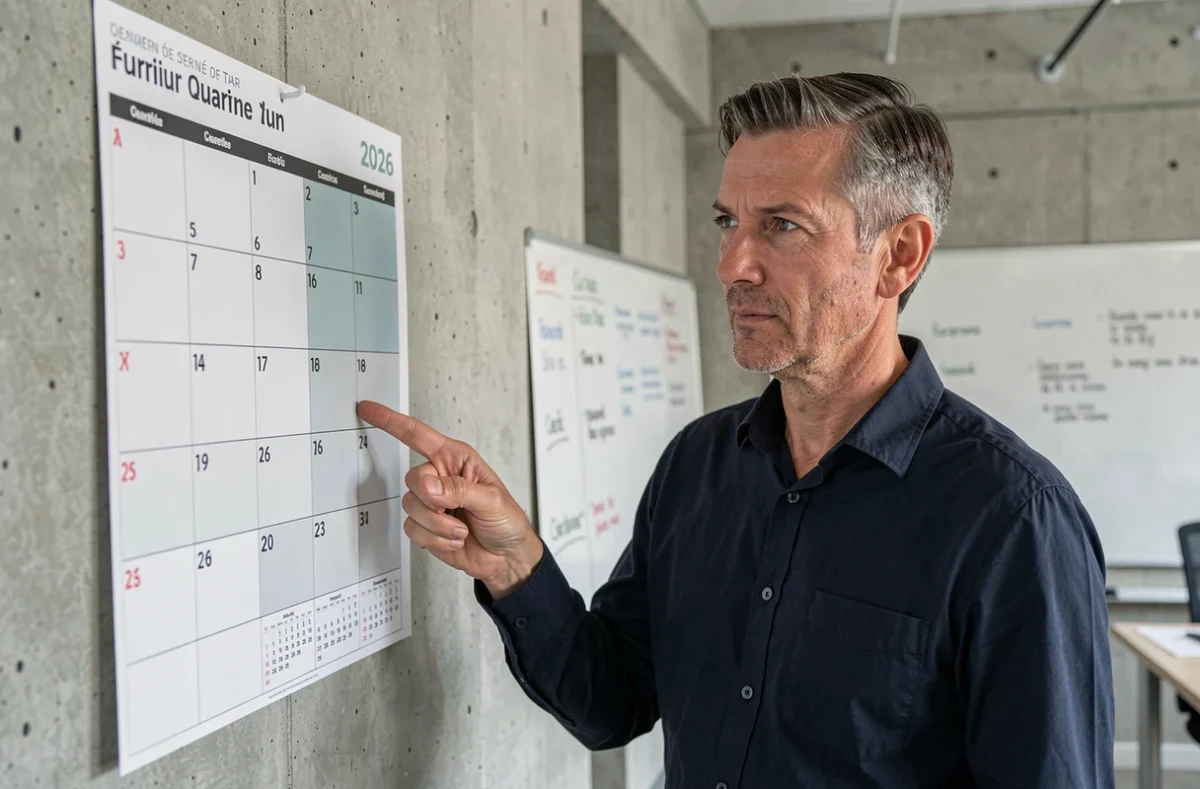 Homme pointant un calendrier trimestriel 2026 en français affiché au mur dans un bureau professionnel