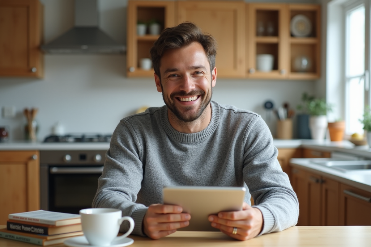 Homme décontracté utilisant une tablette dans sa cuisine