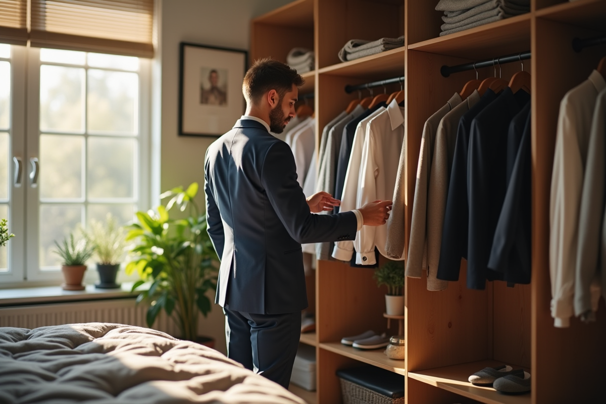 Homme choisissant des vêtements dans une chambre lumineuse