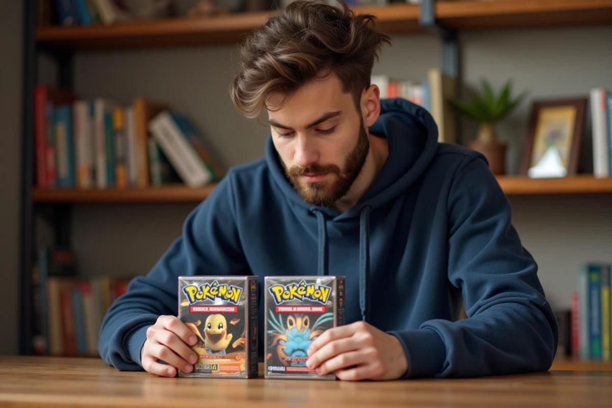 Jeune homme comparant deux coffrets Pokémon EV10.5 sur un bureau en bois dans un bureau à domicile