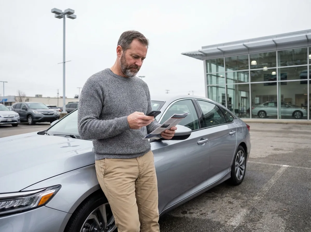Homme consultant son smartphone pour comparer des offres de leasing automobile devant une concession voiture