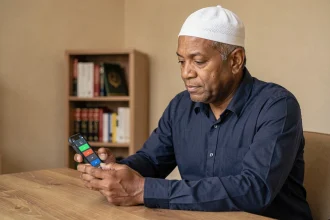 Homme consultant l'horaire de prière sur son smartphone à Orléans
