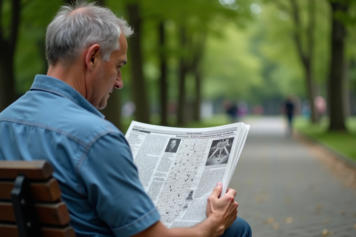 Homme lisant un mots croises dans un parc en plein air
