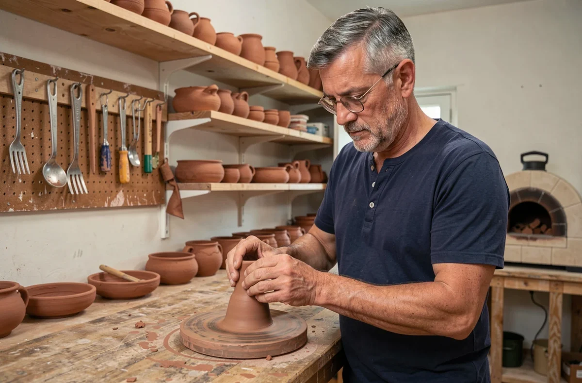 Homme adulte débutant en poterie façonnant de l'argile dans un atelier artisanal, découvrant une activité créative manuelle