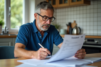 Homme d'âge moyen examinant des documents dans une cuisine moderne