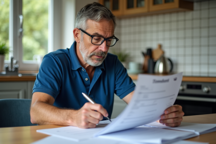 Homme d'âge moyen examinant des documents dans une cuisine moderne