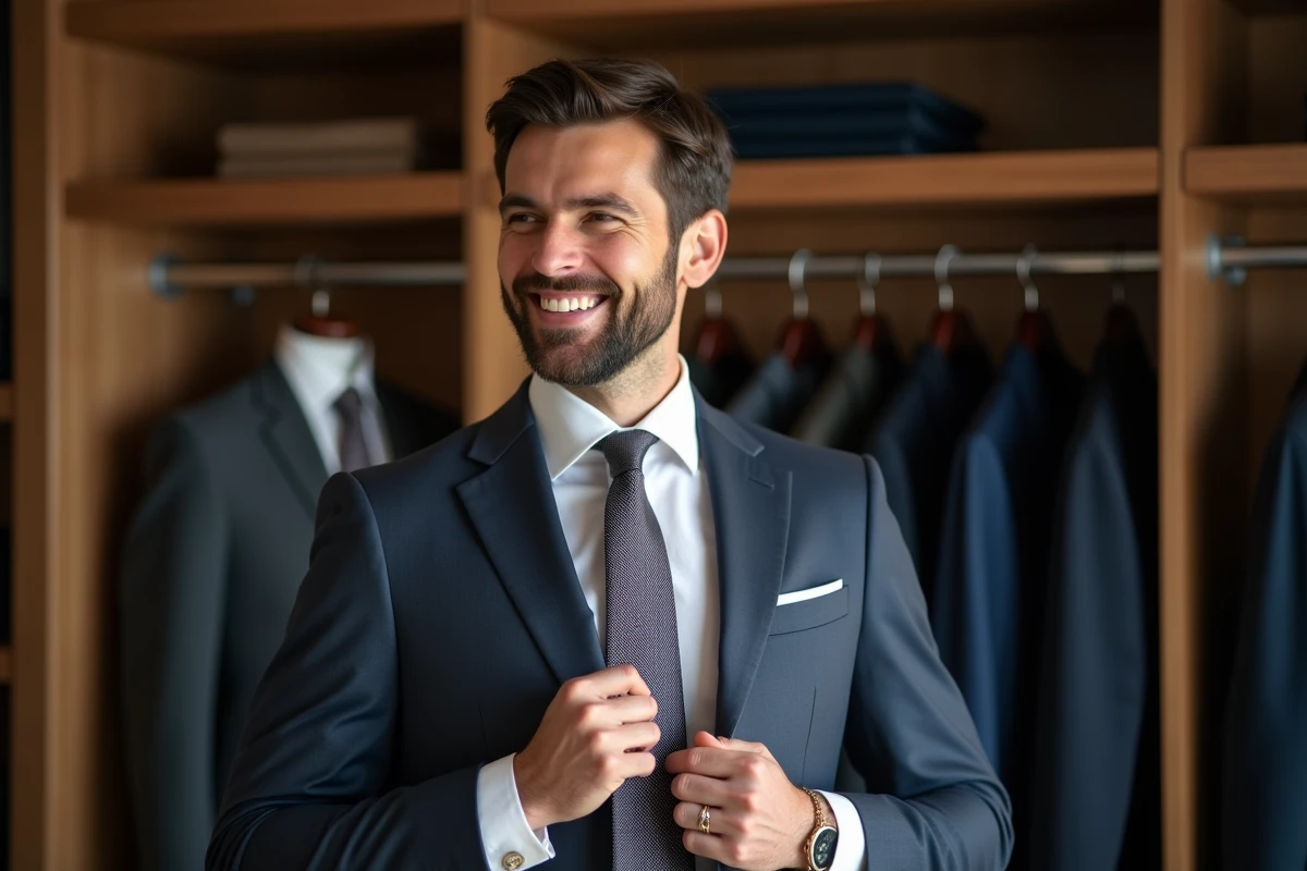 Homme élégant ajustant sa cravate en satin dans un dressing sophistiqué