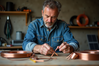 Homme en vêtements de travail isolant un fil de cuivre dans un garage