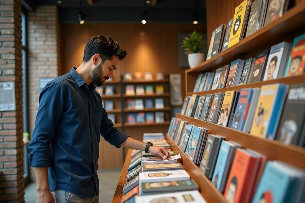 Homme feuilletant des manhwas dans une librairie indépendante moderne avec des rayonnages de webtoons coréens