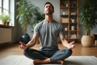 Homme méditant en intérieur lumineux et minimaliste