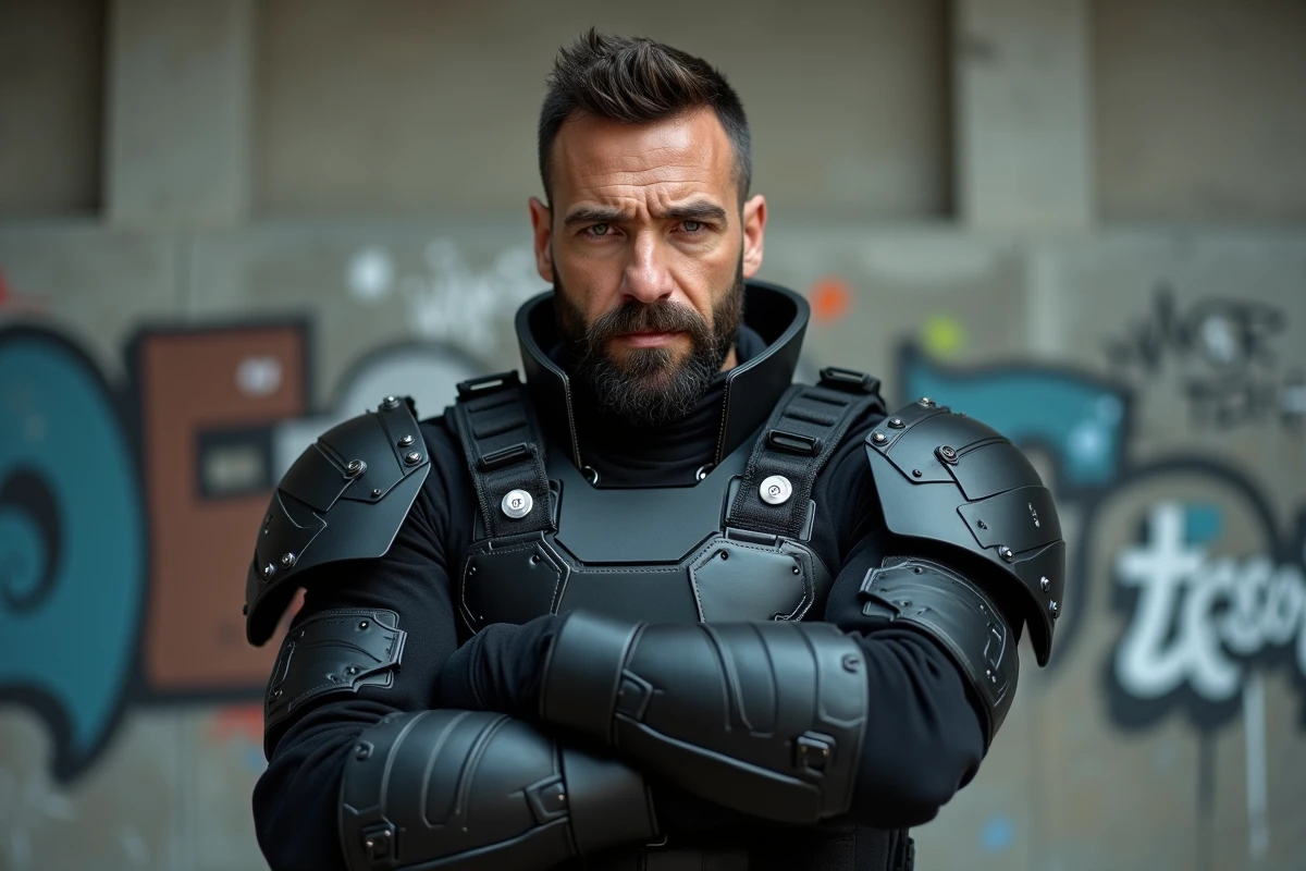 Homme en armure tactique devant un mur graffiti urbain