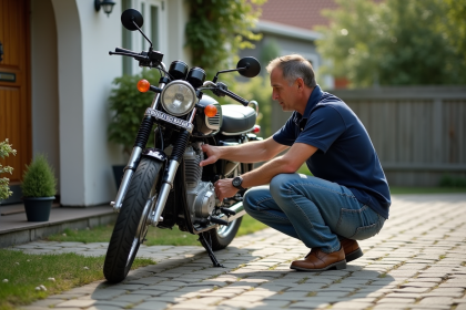 Homme d'âge moyen nettoyant une moto Dax à l'extérieur