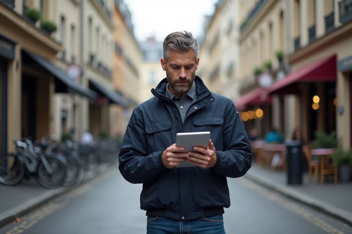 Homme consultant une plateforme de services en ligne sur une tablette dans une rue urbaine française