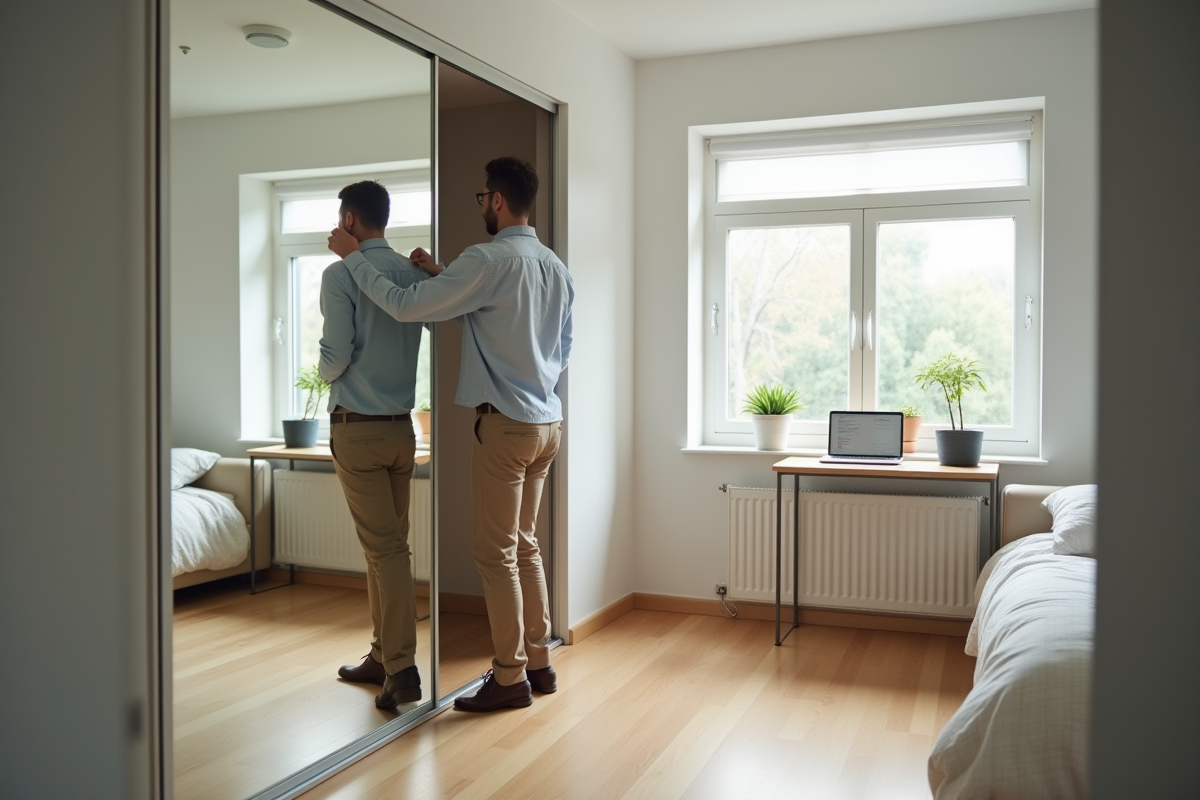 Homme ouvrant un placard miroir dans une chambre moderne
