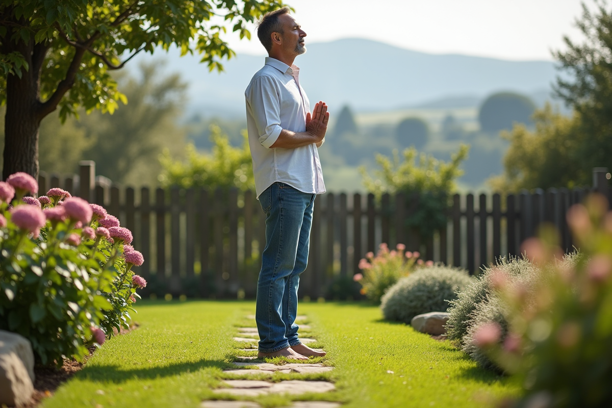 Homme méditant dans un jardin paisible et naturel