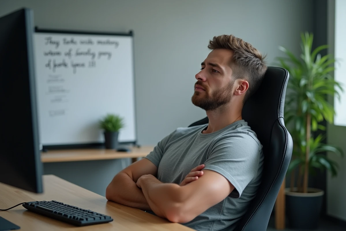 Homme adulte pensif devant un écran affichant un article sur le pay-to-win dans les jeux de stratégie en ligne