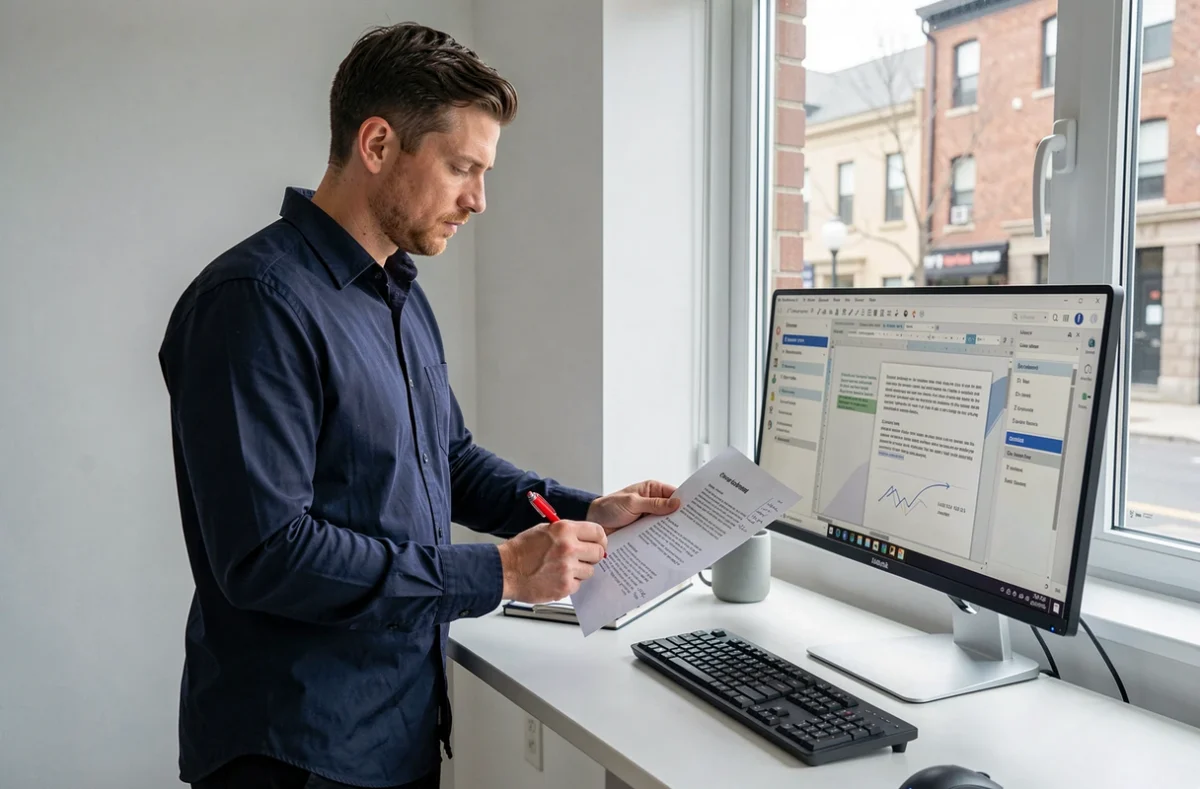 Homme relisant un rapport structuré annoté à son bureau debout dans un bureau moderne avec écran d'ordinateur affichant un logiciel de rédaction