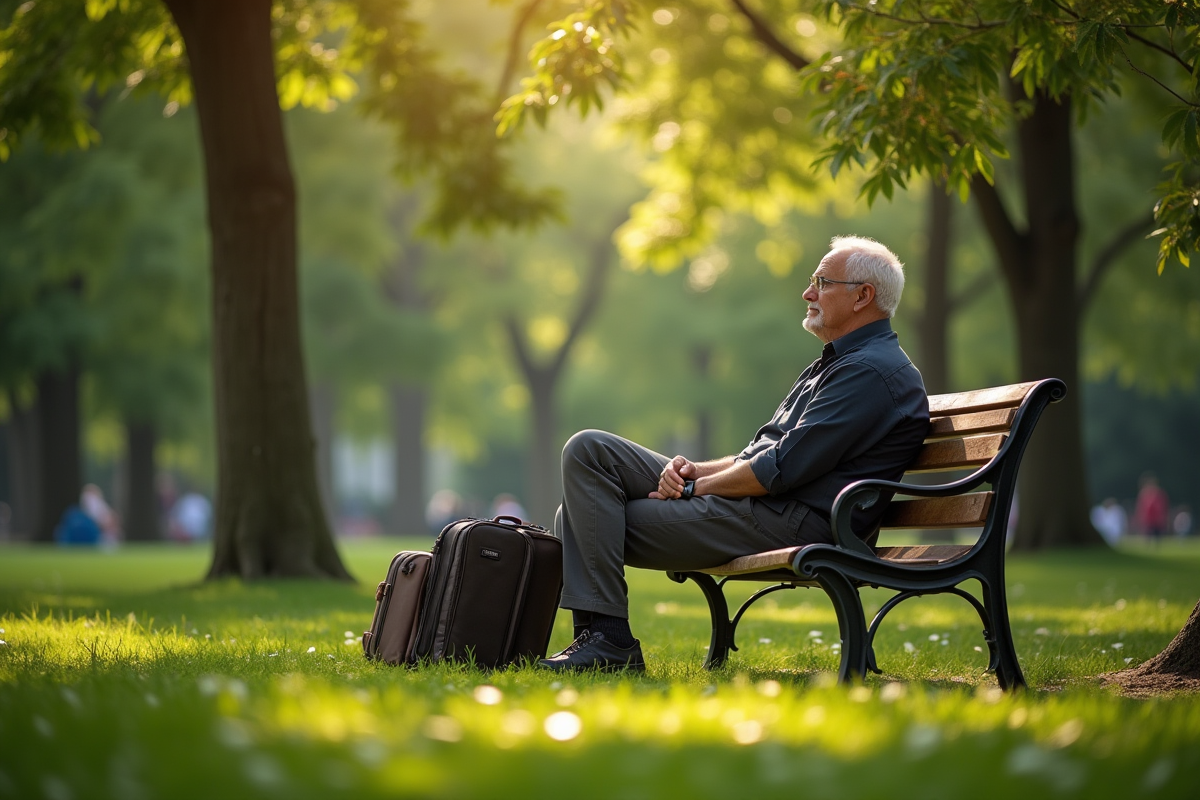 Homme seul sur un banc dans un parc ensoleillé