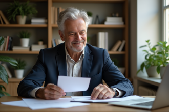Homme d'âge moyen en costume dans un bureau lumineux