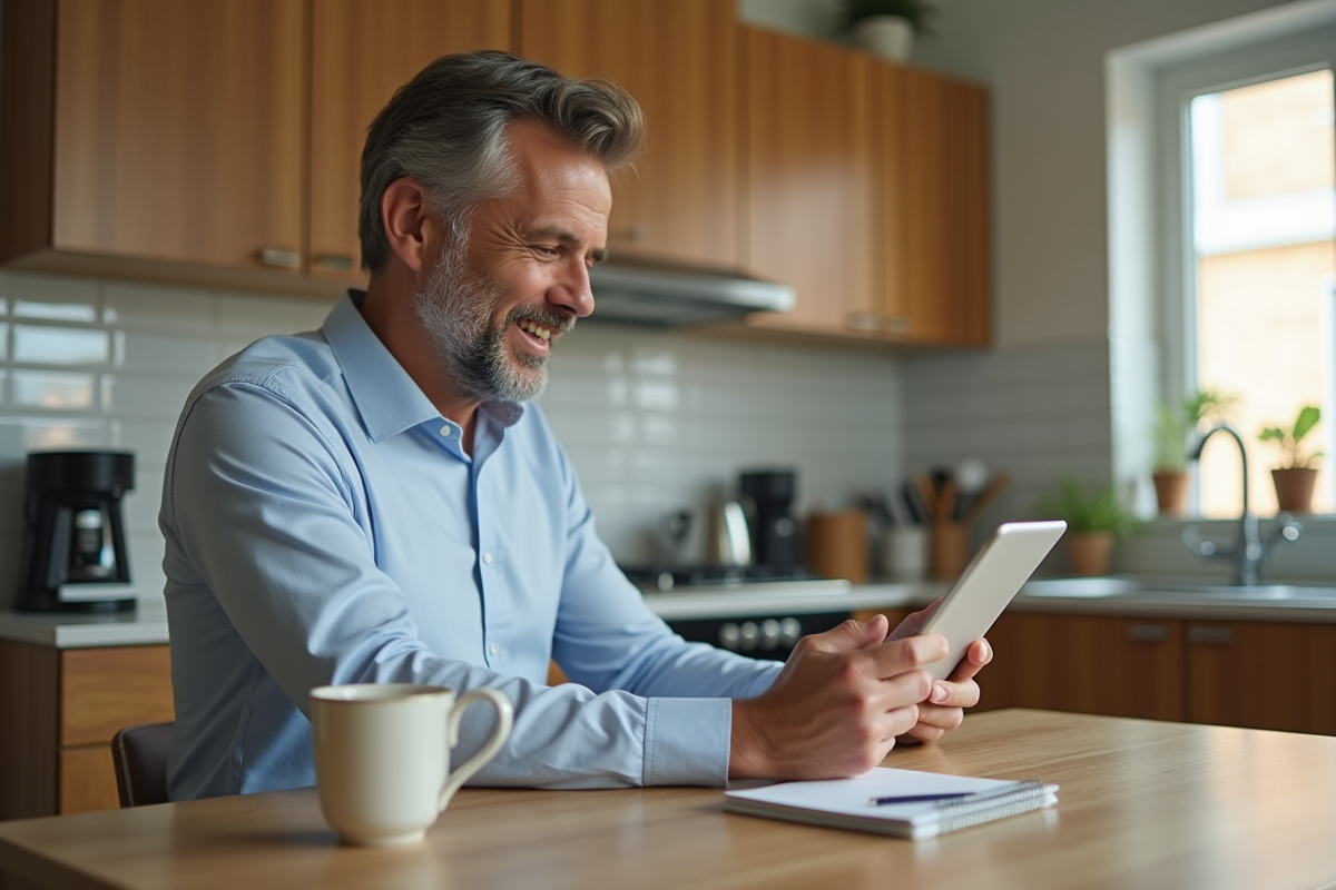 Homme en visioconference dans une cuisine lumineuse