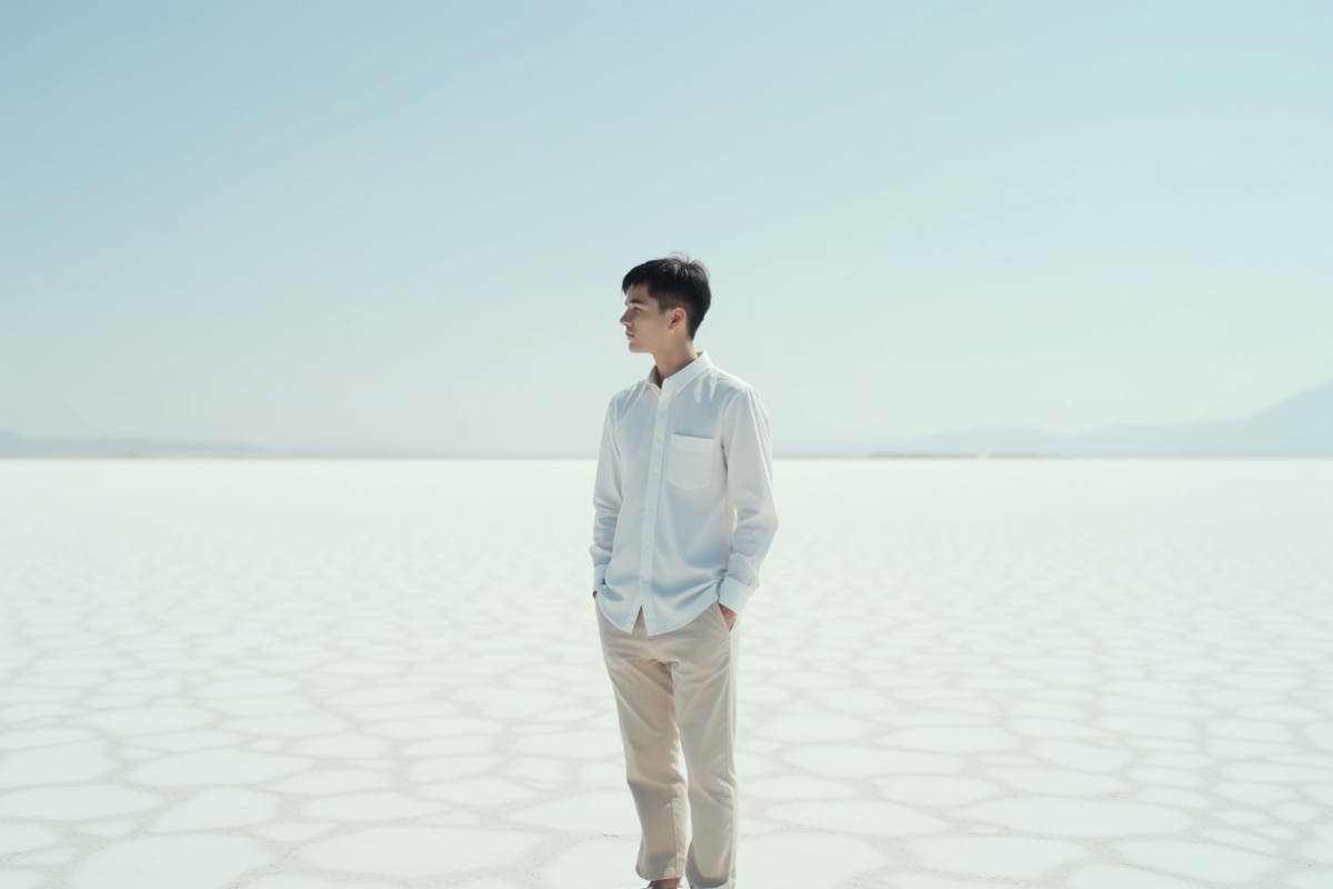 Jeune homme contemplant un salar aux motifs polygonaux