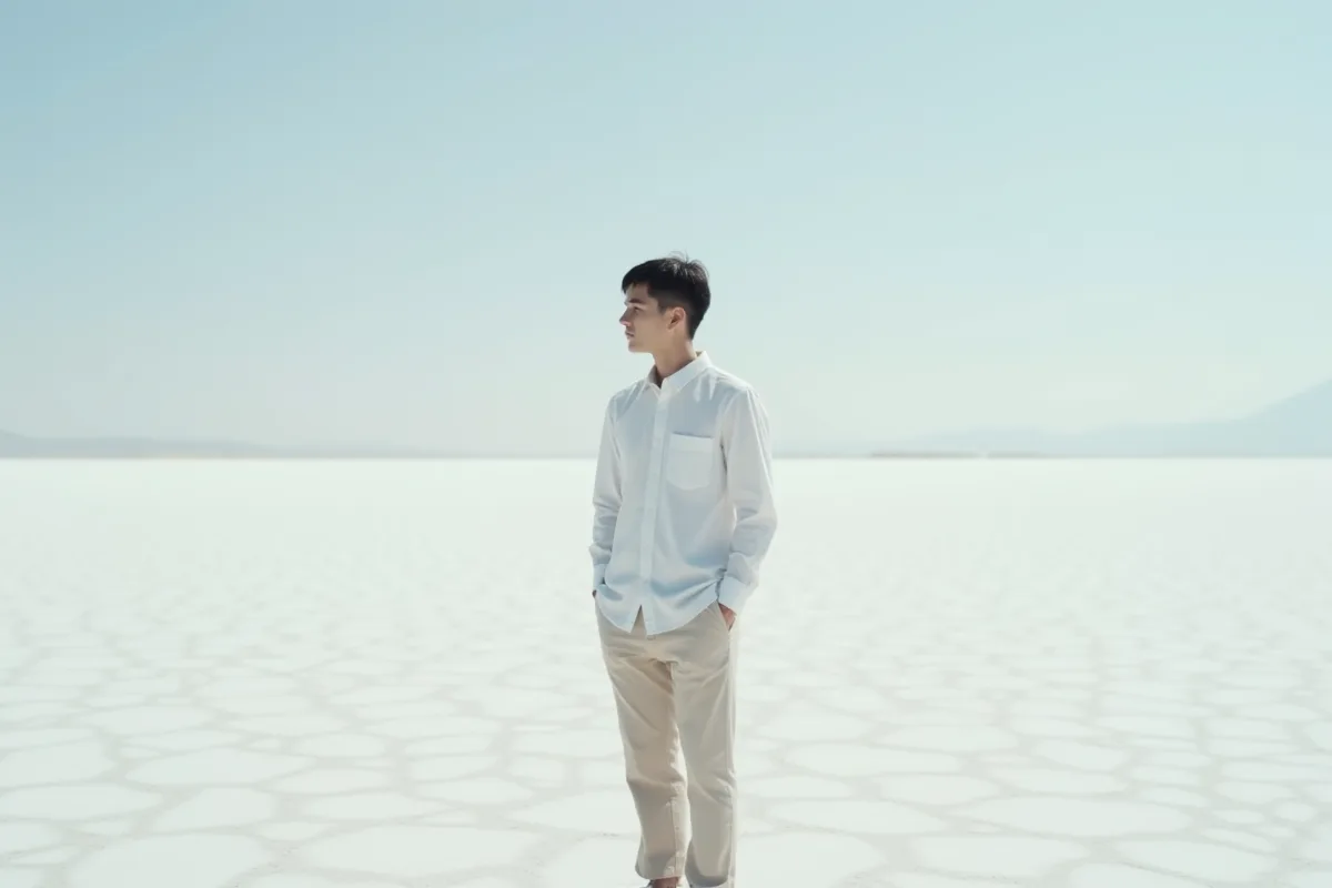 Jeune homme contemplant un salar aux motifs polygonaux