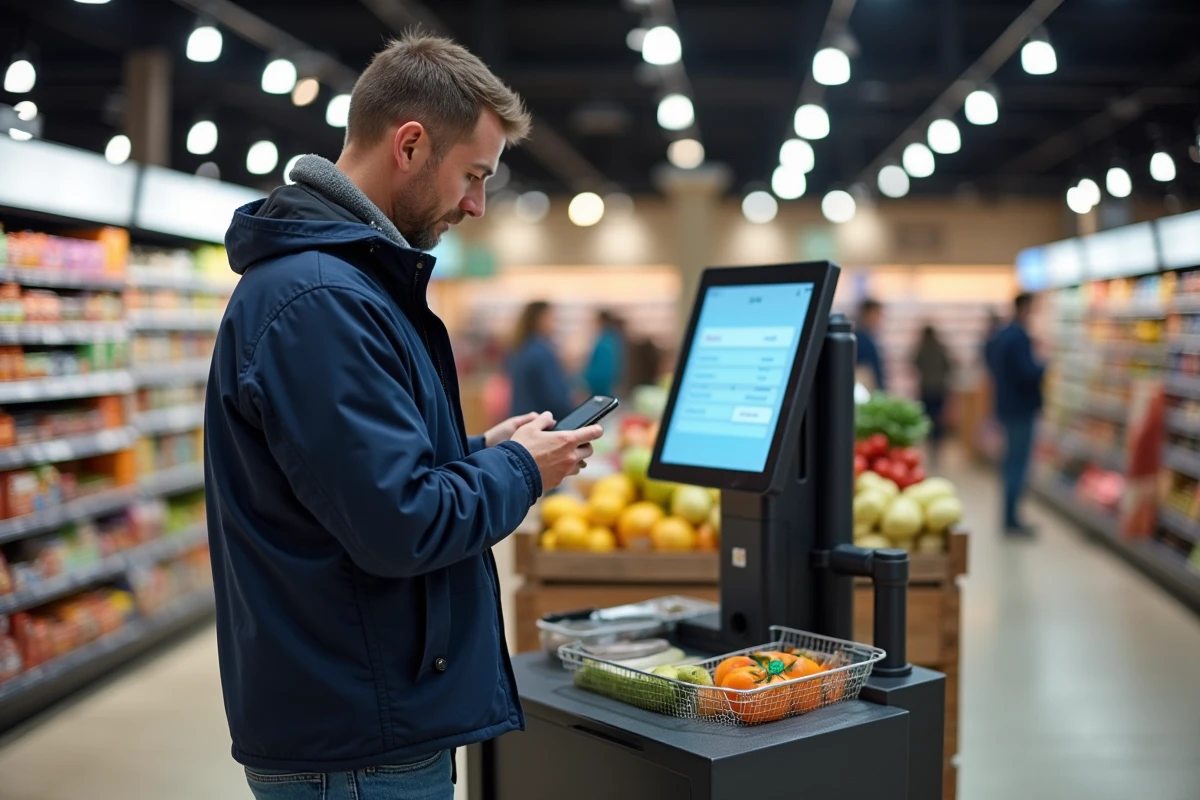 Homme scannant ses courses au supermarche