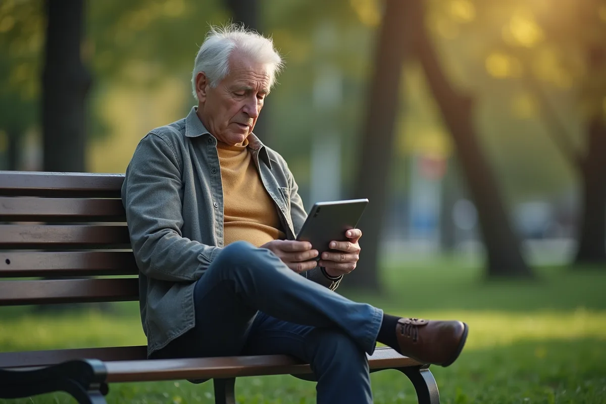 Homme âgé seul sur un banc de parc regardant sa tablette