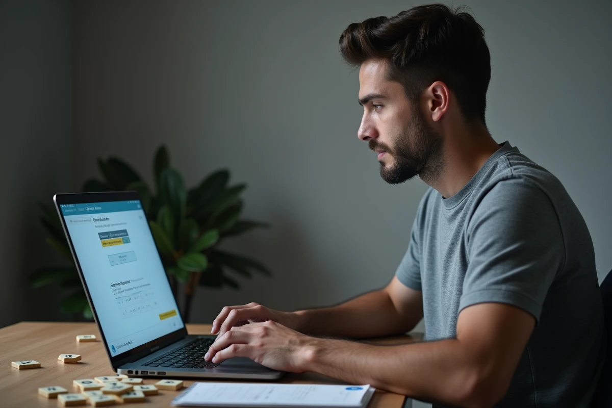 Homme consultant un solveur de mots en ligne sur un ordinateur portable avec des tuiles de Scrabble éparpillées sur le bureau