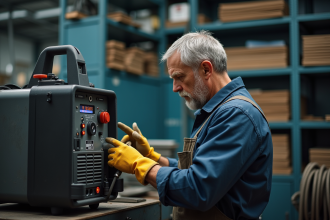 Homme en tenue de protection ajuste une machine TIG dans un atelier