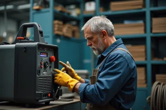 Homme en tenue de protection ajuste une machine TIG dans un atelier