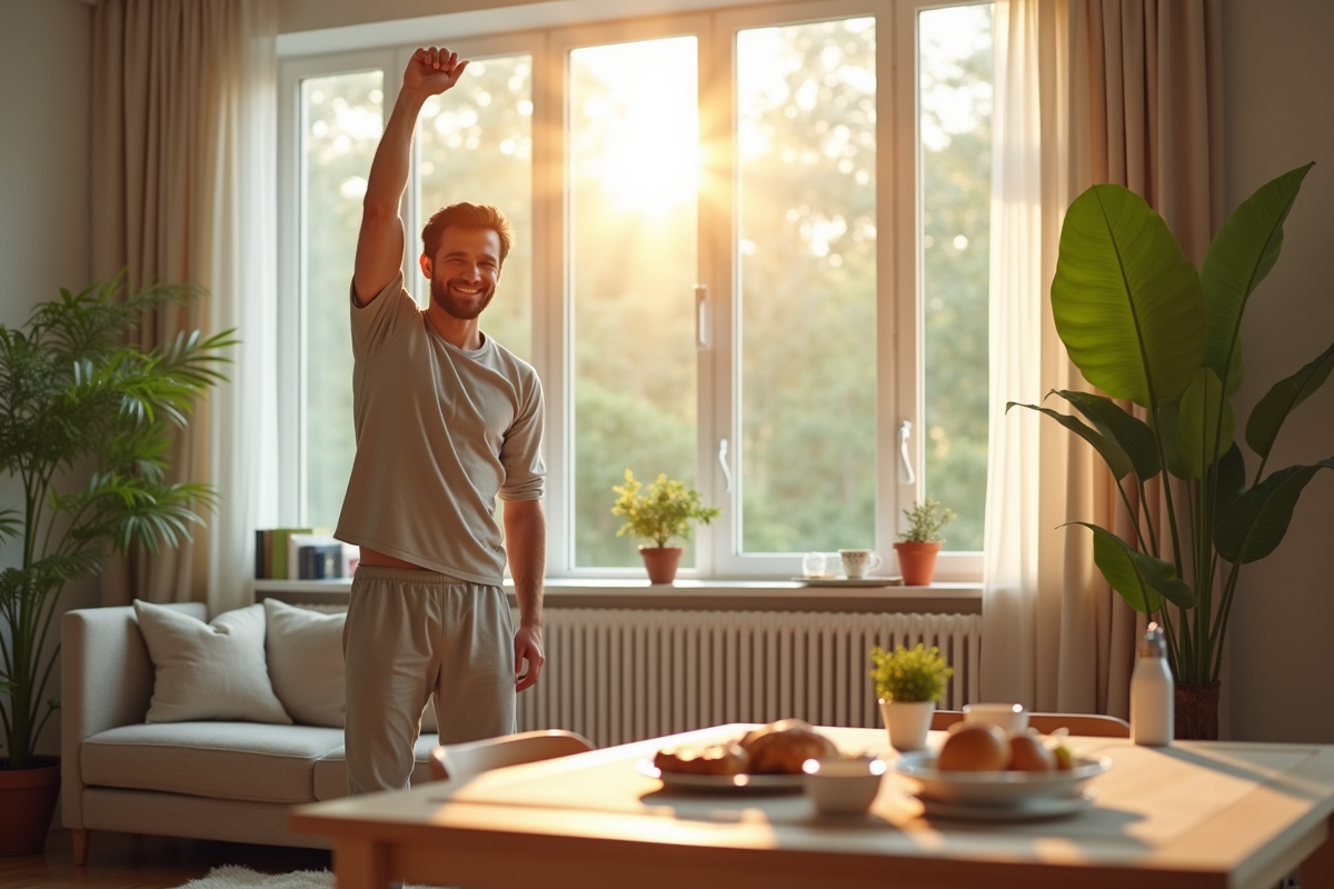 Homme souriant dans un salon lumineux avec plantes et petit déjeuner