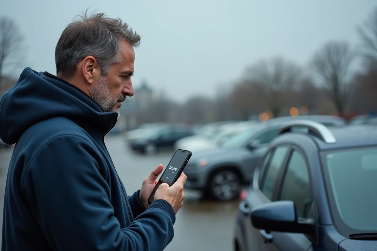 Homme debout près d'un SUV vérifiant les réglages de vitesse en mph et kmh sur son application GPS smartphone en extérieur
