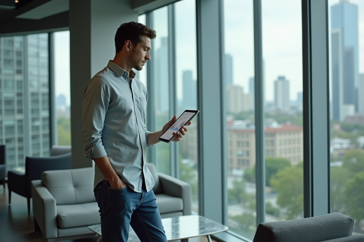 Homme regardant un tableau de budget sur une tablette