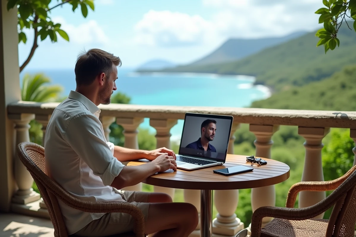 Homme en réunion à distance sur un balcon avec vue sur l
