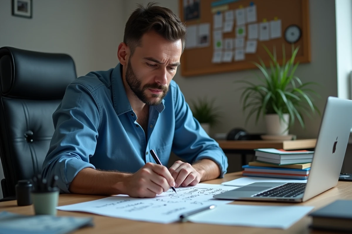 Homme étudiant ses mots Sutom sur son bureau moderne