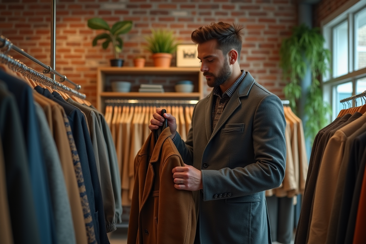Homme en boutique de mode examinant des vestes tendance