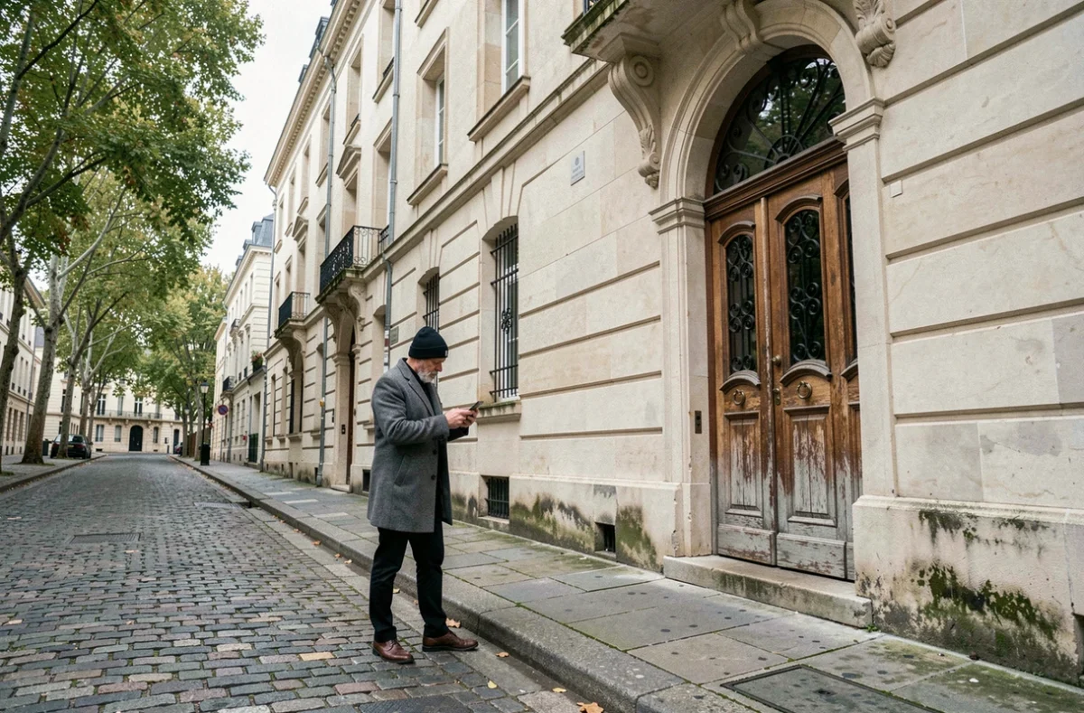 Homme vérifiant l'horaire de prière sur smartphone devant une mosquée à Orléans