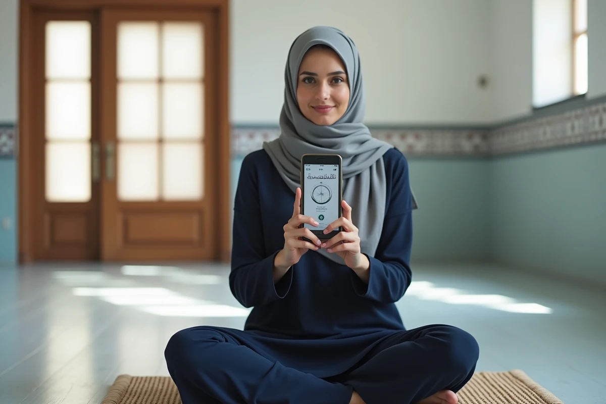 Femme portant un hijab consultant les horaires de prière sur smartphone dans une salle de prière d'une mosquée à Nantes