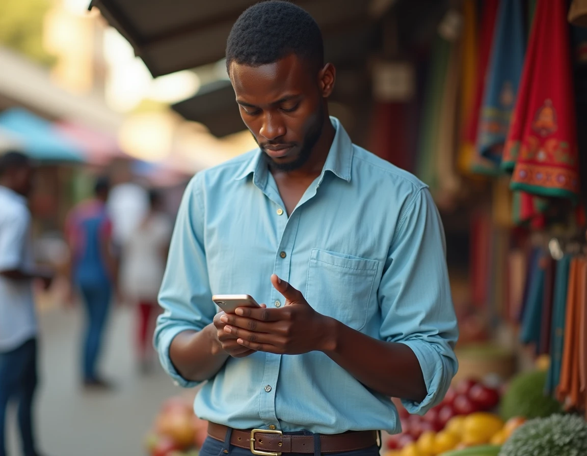 Jeune homme consultant l'indicatif téléphonique 262 sur son smartphone dans un marché de Mayotte