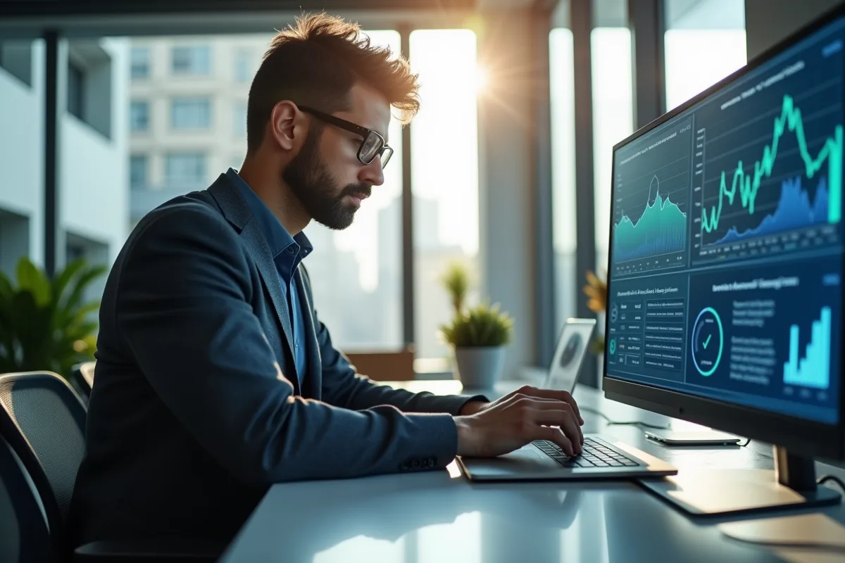 Ingénieur cybersécurité travaillant sur un ordinateur dans un bureau lumineux