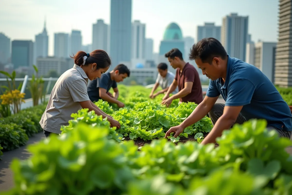 Filipinos cultivant des plantes sur un toit à Manille