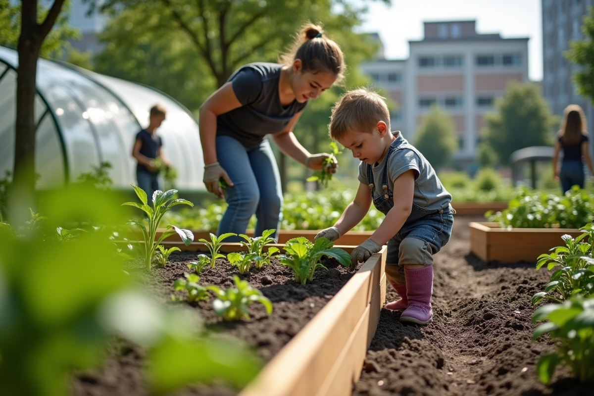 Groupe de personnes cultivant un jardin communautaire en ville