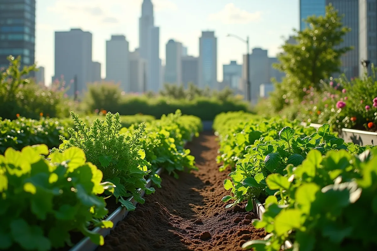 Jardin urbain sur un toit avec légumes et fleurs ensoleillées