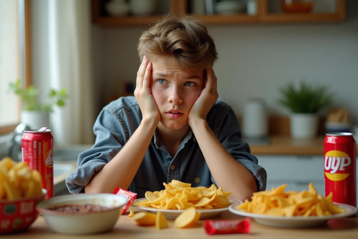 Jeune adulte distrait entouré de snacks et boissons sucrées